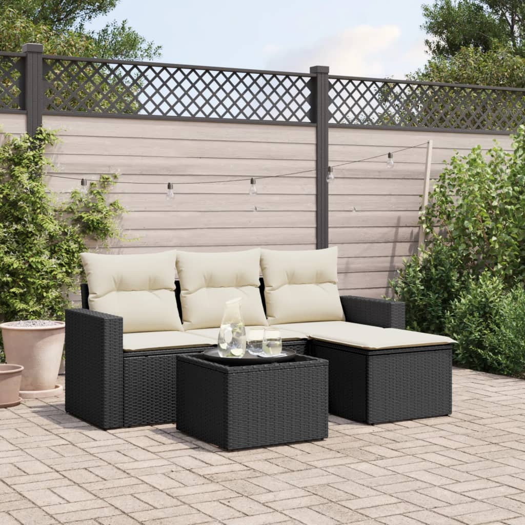 5-delige Loungeset met kussens poly rattan zwart