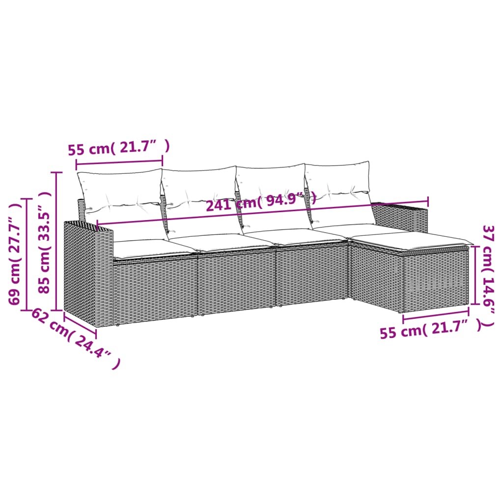 5-delige Loungeset met kussens poly rattan lichtgrijs