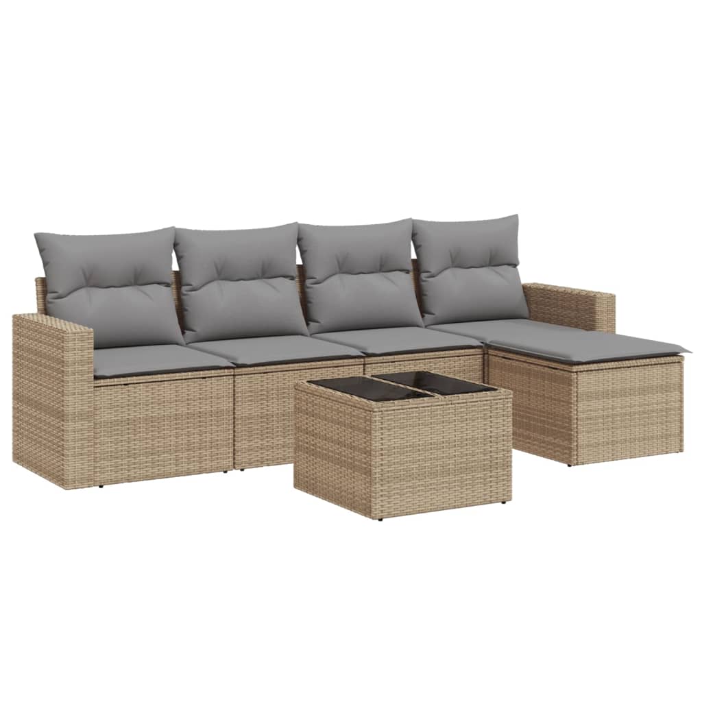 6-delige Loungeset met kussens poly rattan beige