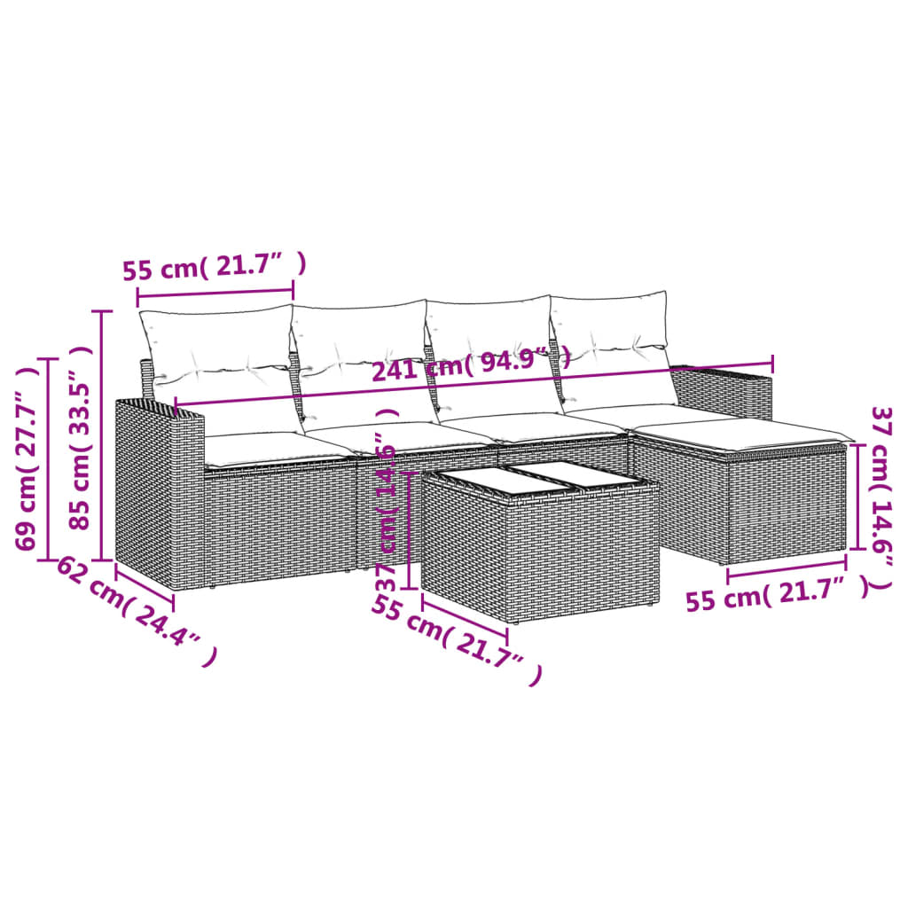 6-delige Loungeset met kussens poly rattan bruin