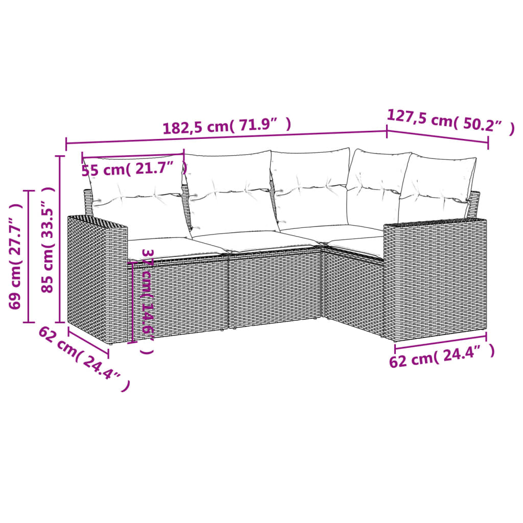 4-delige Loungeset met kussens poly rattan beige