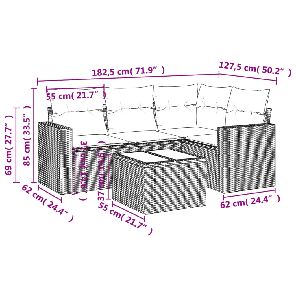 5-delige Loungeset met kussens poly rattan bruin