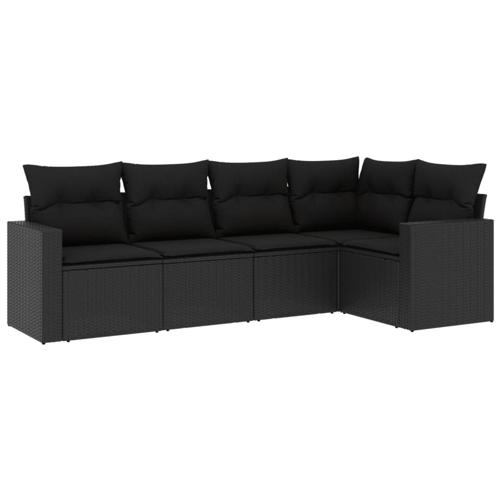 5-delige Loungeset met kussens poly rattan zwart