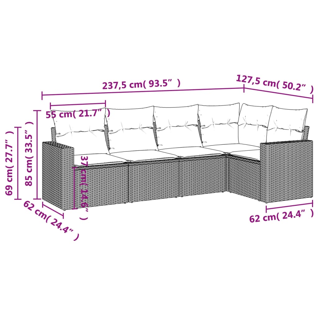 5-delige Loungeset met kussens poly rattan zwart