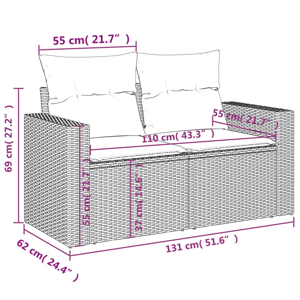 5-delige Loungeset met kussens poly rattan zwart