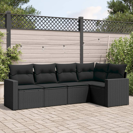 5-delige Loungeset met kussens poly rattan zwart