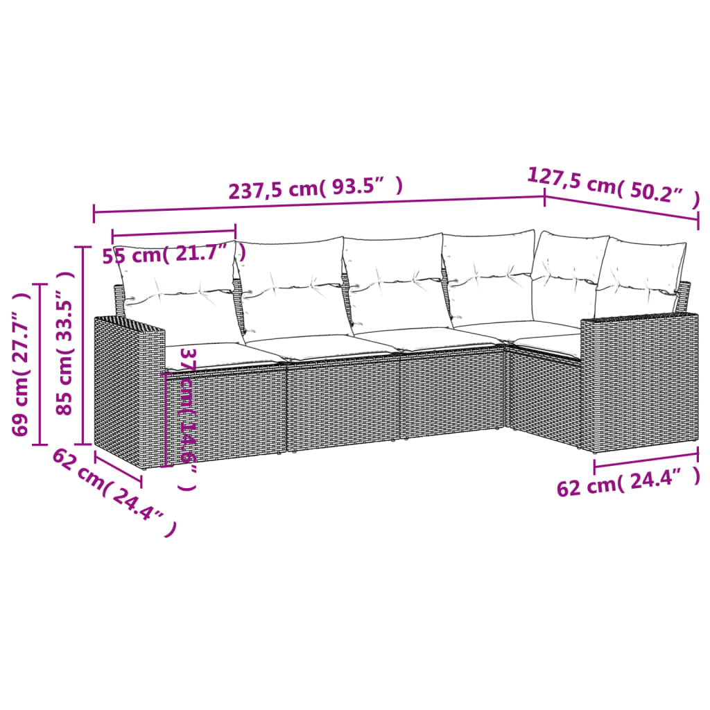 5-delige Loungeset met kussens poly rattan beige