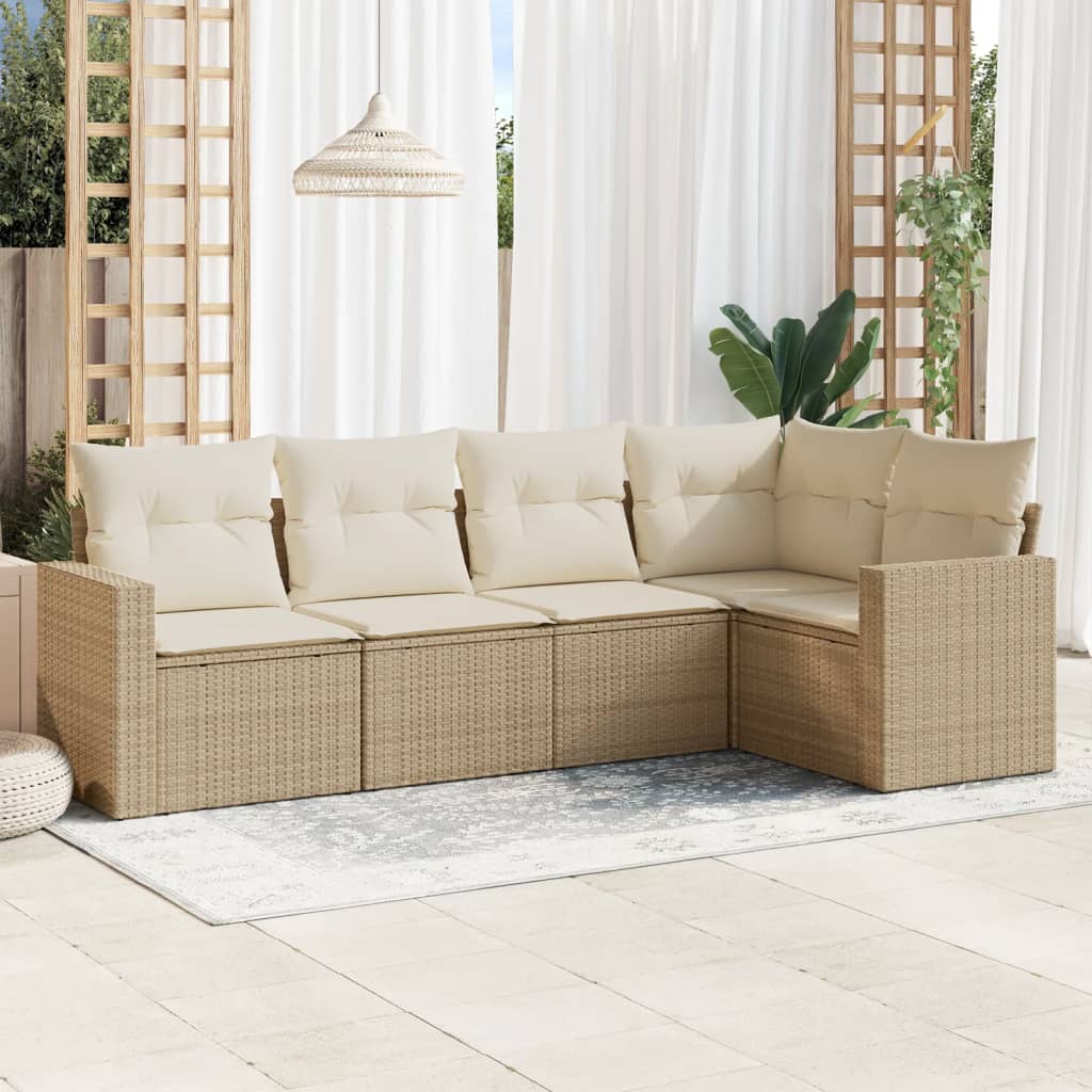 5-delige Loungeset met kussens poly rattan beige