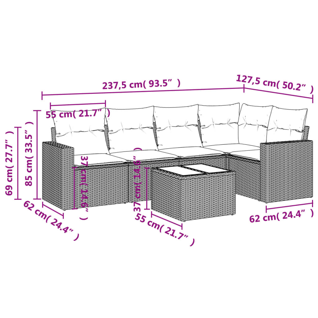 6-delige Loungeset met kussens poly rattan beige