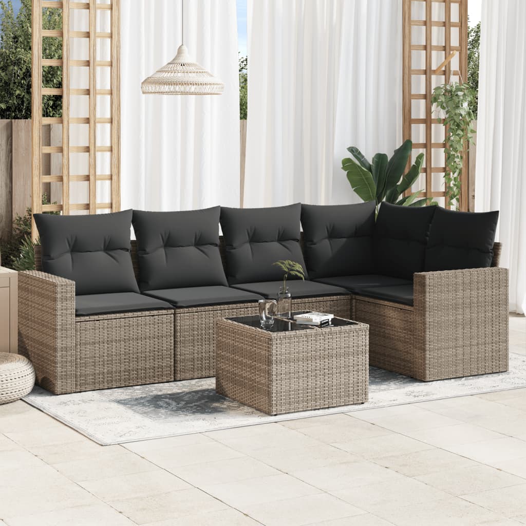 6-delige Loungeset met kussens poly rattan grijs