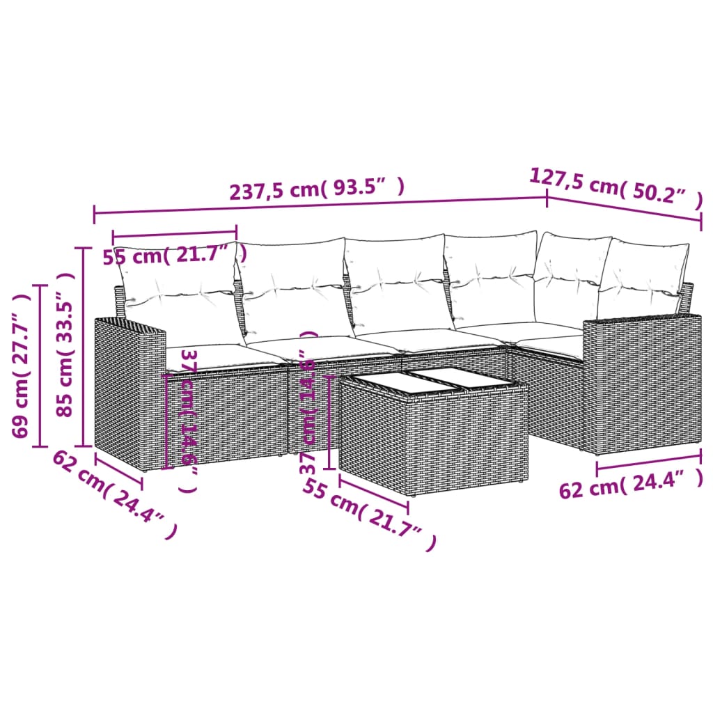 6-delige Loungeset met kussens poly rattan bruin