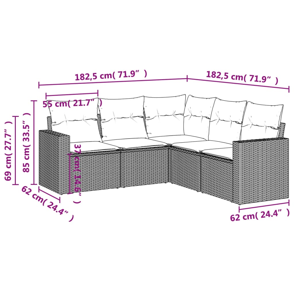 5-delige Loungeset met kussens poly rattan beige