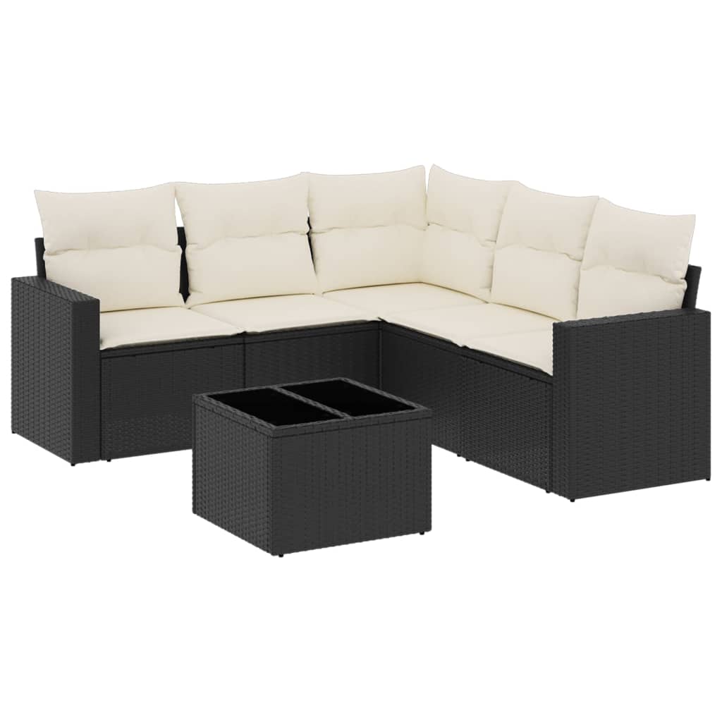 6-delige Loungeset met kussens poly rattan zwart