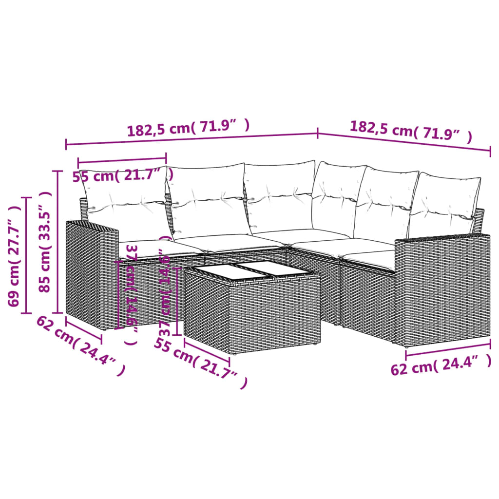 6-delige Loungeset met kussens poly rattan zwart