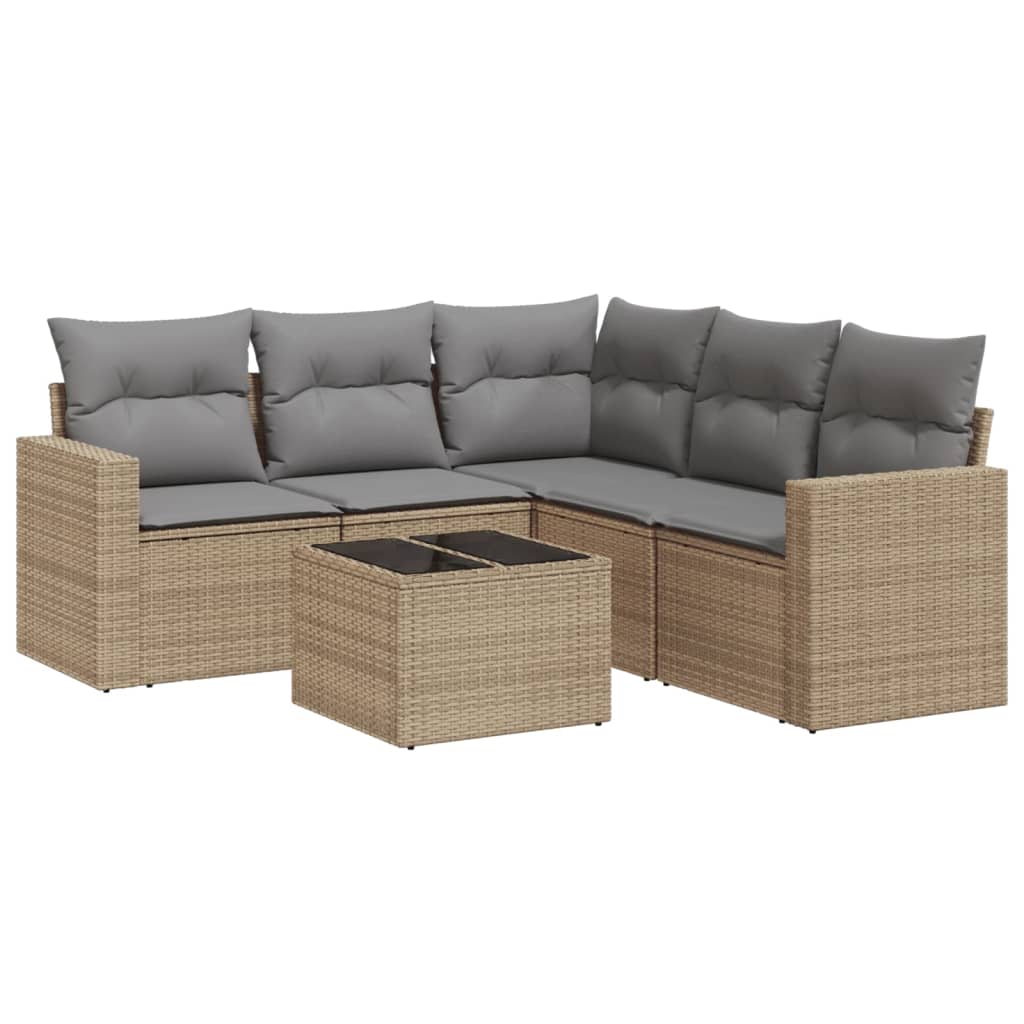 6-delige Loungeset met kussens poly rattan beige