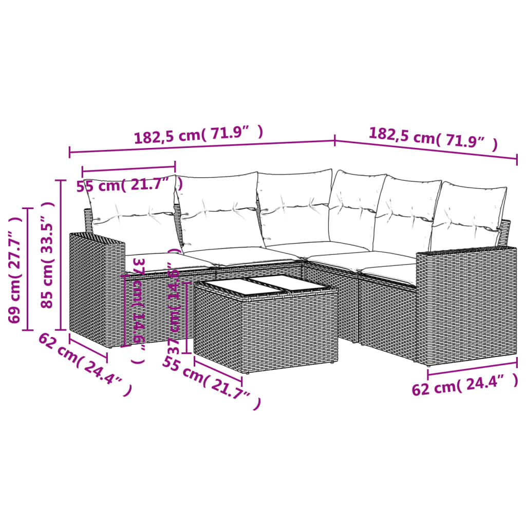 6-delige Loungeset met kussens poly rattan beige