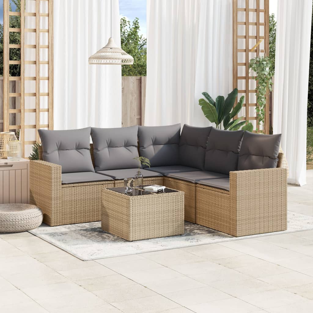 6-delige Loungeset met kussens poly rattan beige