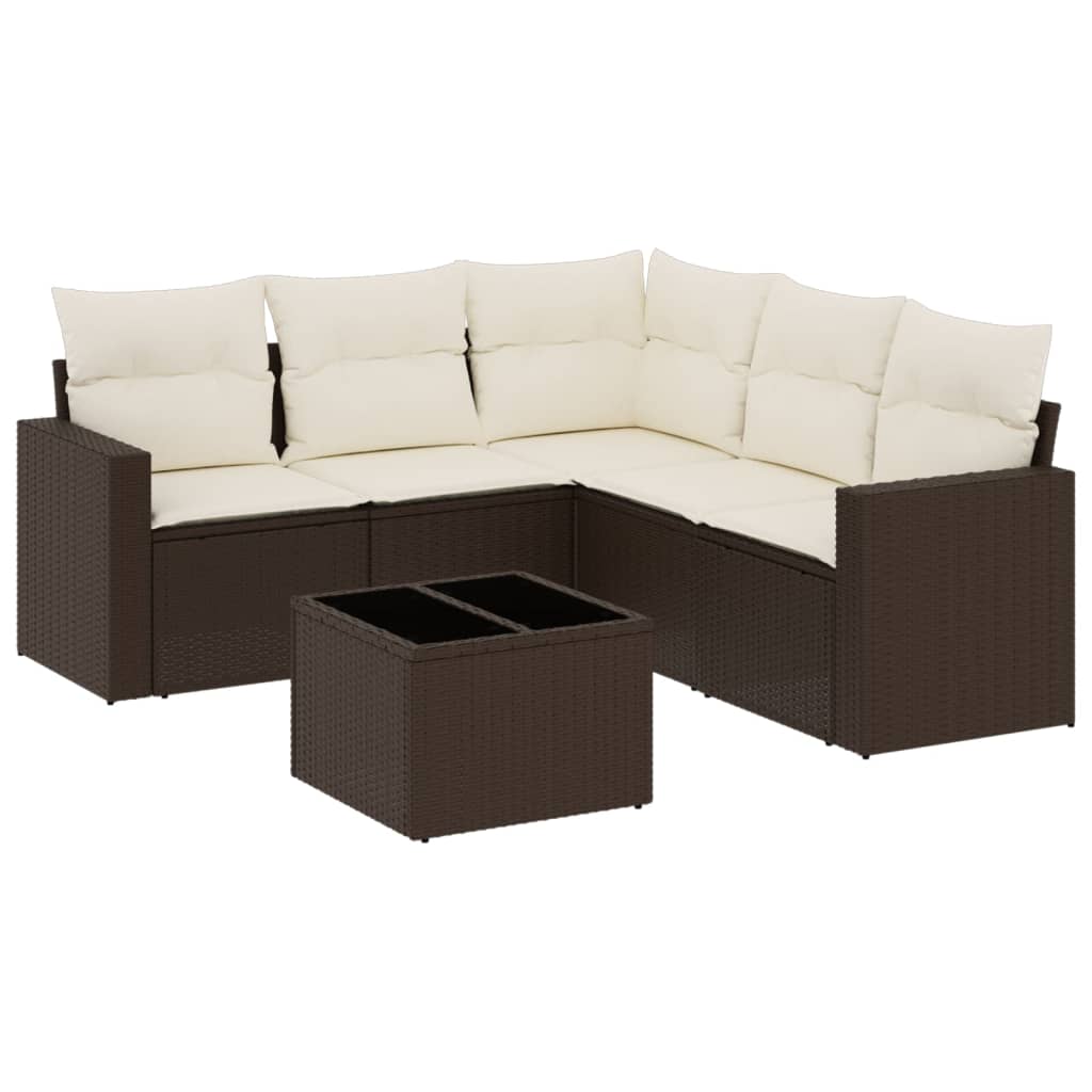 6-delige Loungeset met kussens poly rattan bruin