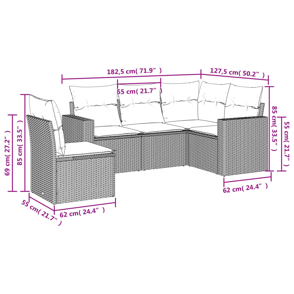 5-delige Loungeset met kussens poly rattan beige