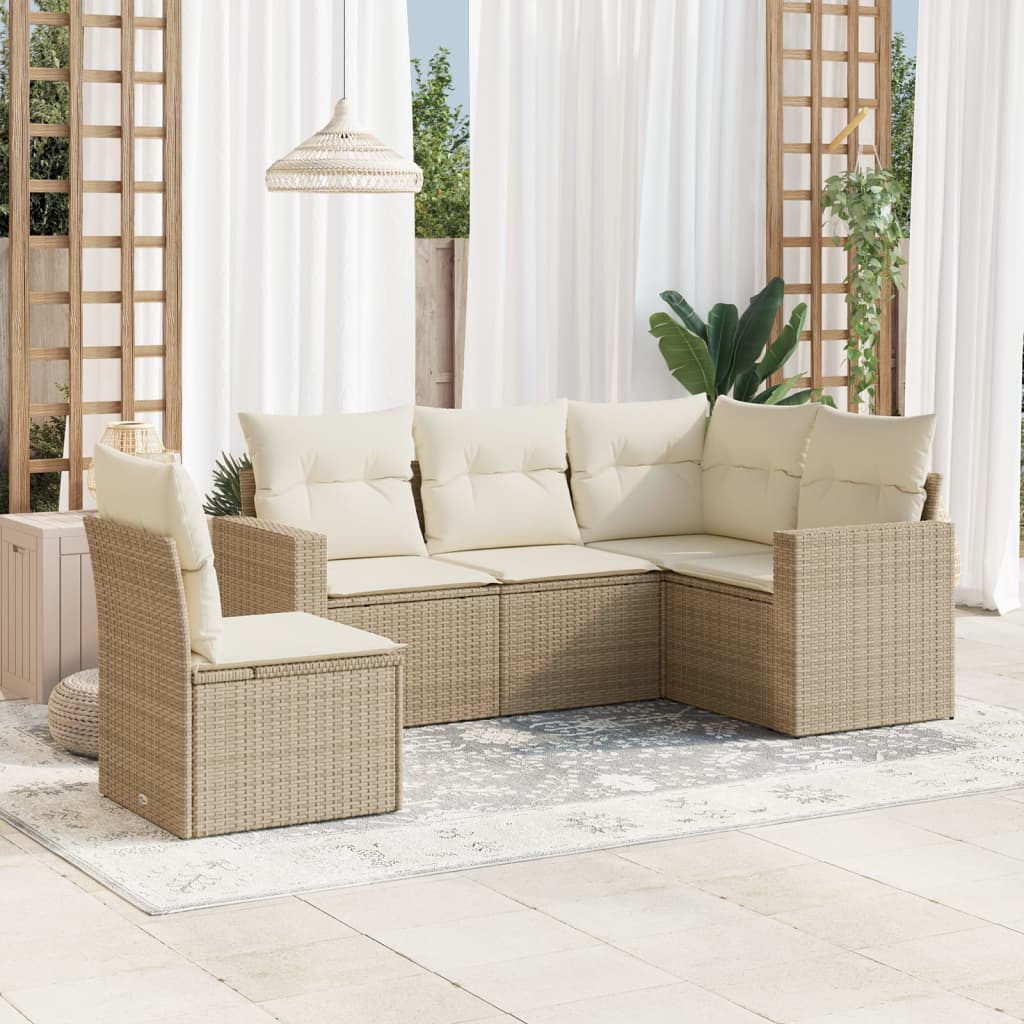 5-delige Loungeset met kussens poly rattan beige