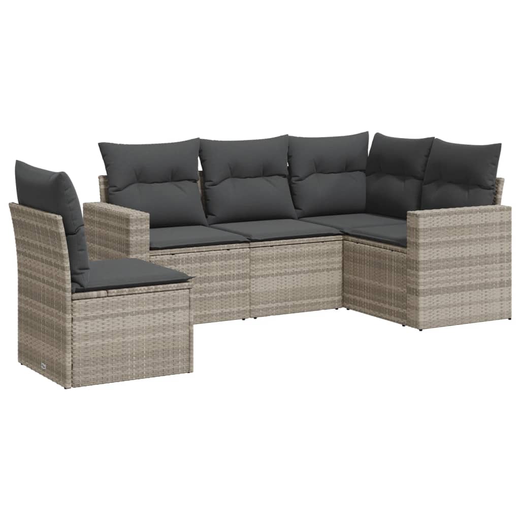 5-delige Loungeset met kussens poly rattan lichtgrijs