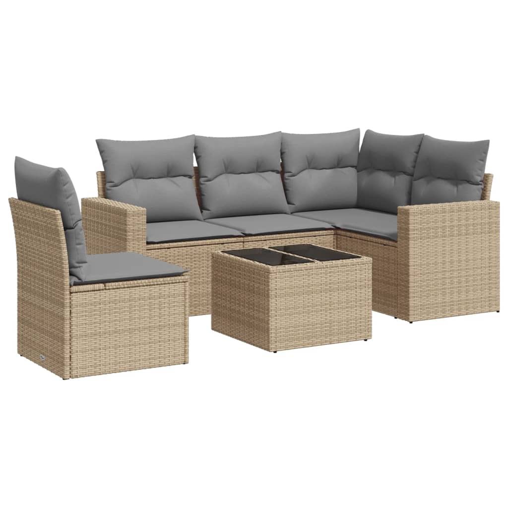 6-delige Loungeset met kussens poly rattan beige