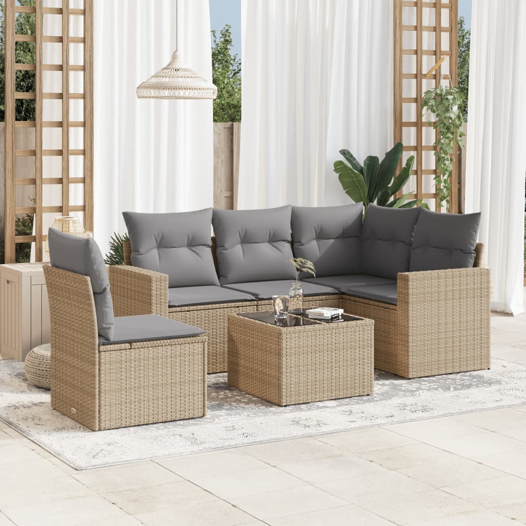 6-delige Loungeset met kussens poly rattan beige