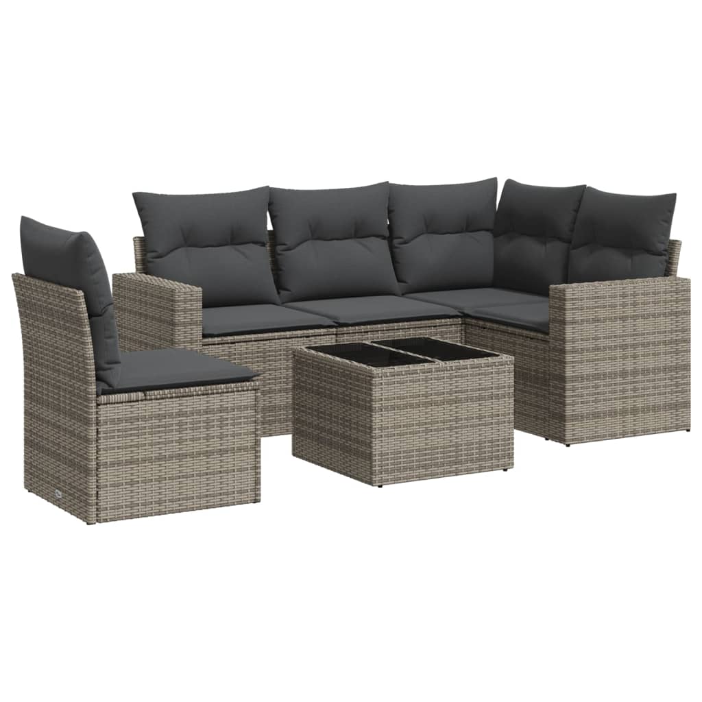 6-delige Loungeset met kussens poly rattan grijs