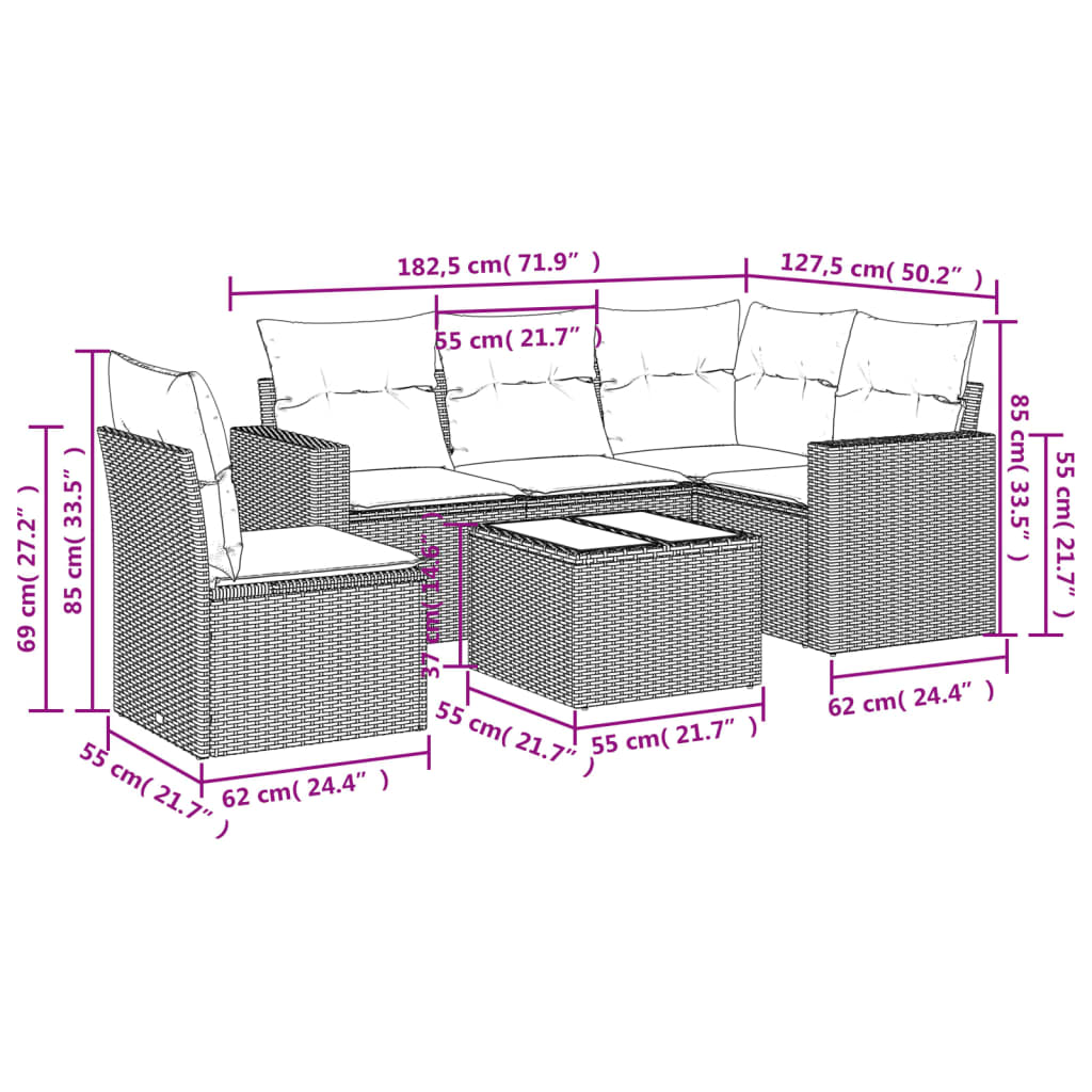 6-delige Loungeset met kussens poly rattan grijs