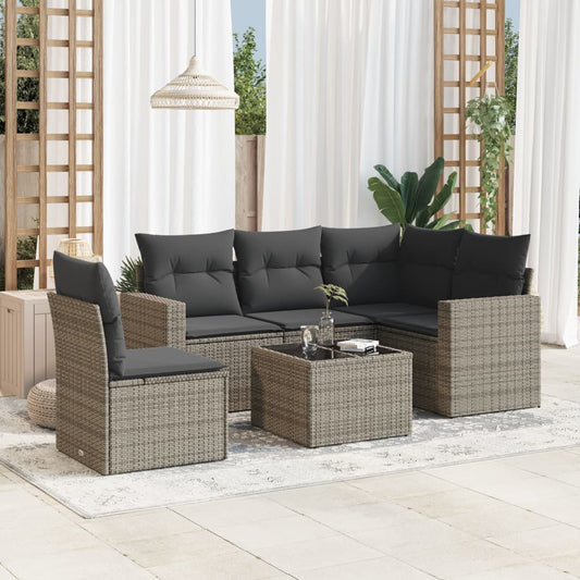 6-delige Loungeset met kussens poly rattan grijs