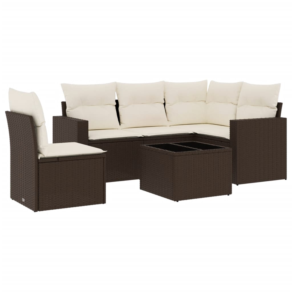 6-delige Loungeset met kussens poly rattan bruin