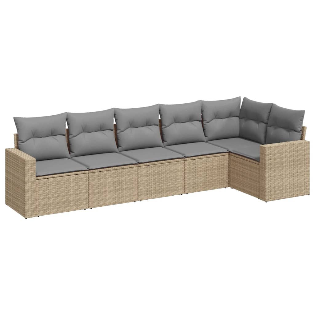 6-delige Loungeset met kussens poly rattan beige