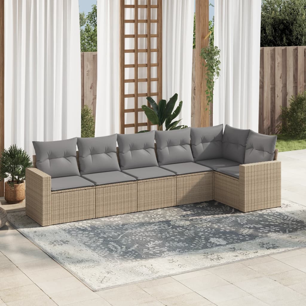 6-delige Loungeset met kussens poly rattan beige