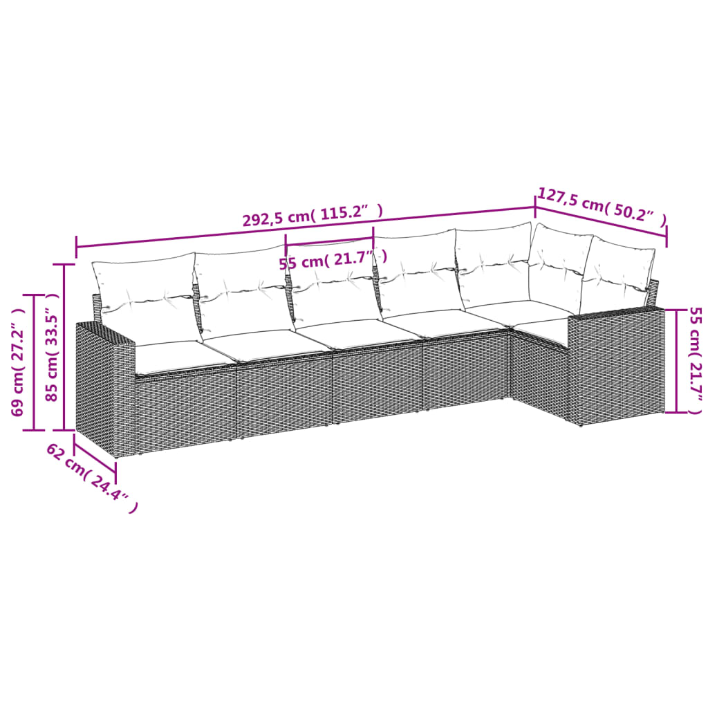 6-delige Loungeset met kussens poly rattan bruin