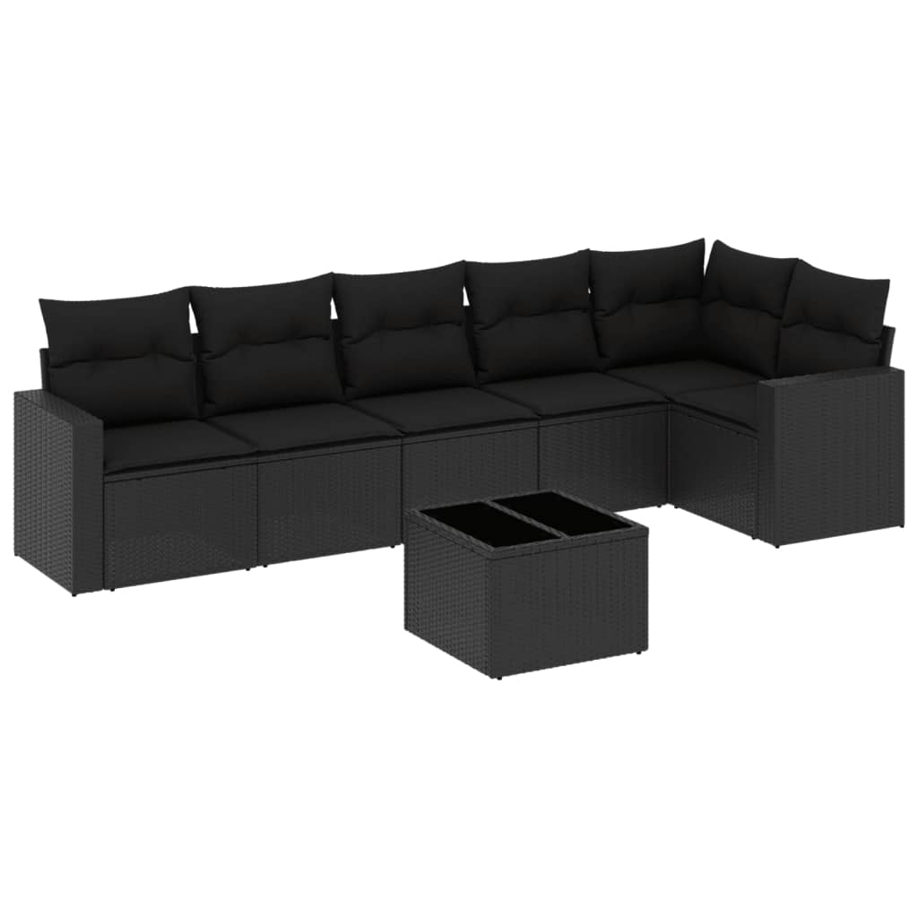 7-delige Loungeset met kussens poly rattan zwart