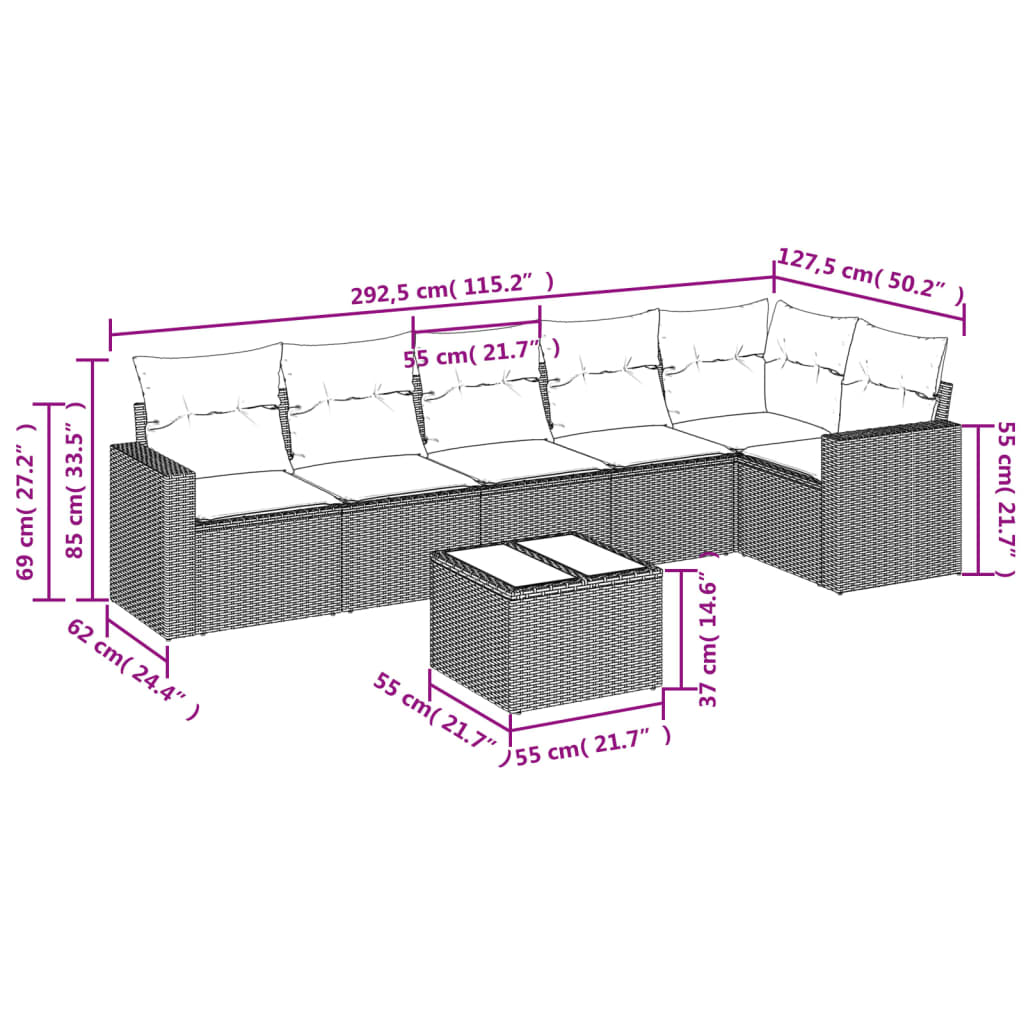 7-delige Loungeset met kussens poly rattan zwart