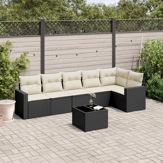 7-delige Loungeset met kussens poly rattan zwart