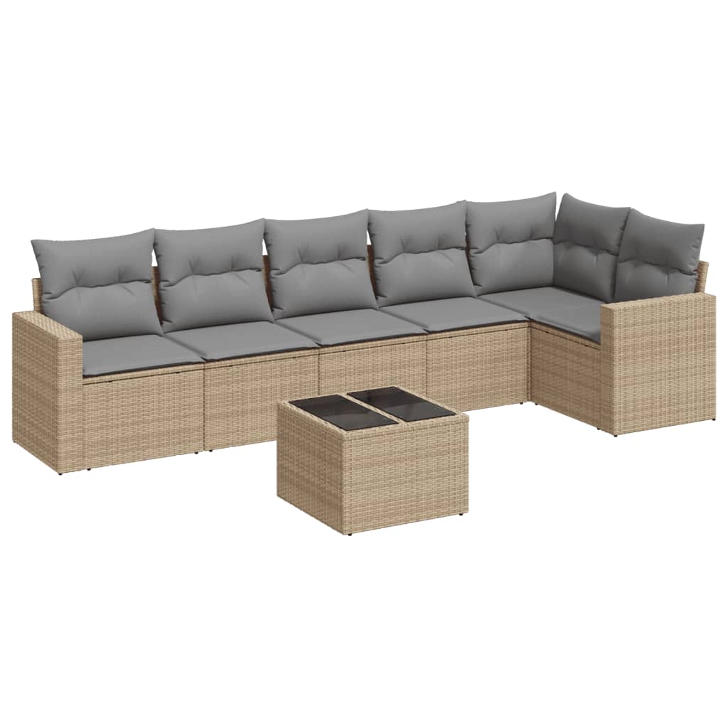 7-delige Loungeset met kussens poly rattan beige