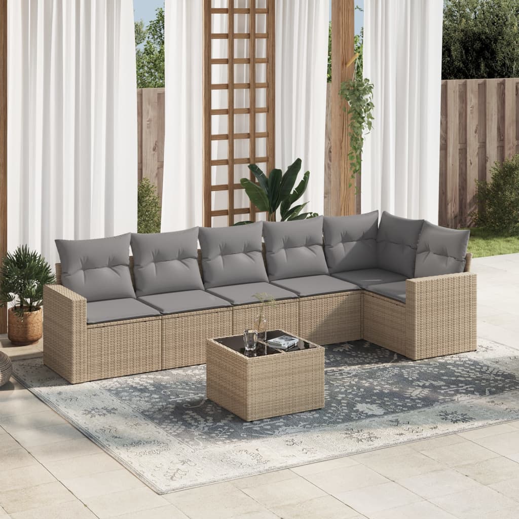 7-delige Loungeset met kussens poly rattan beige