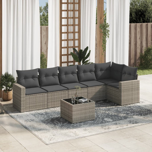 7-delige Loungeset met kussens poly rattan grijs