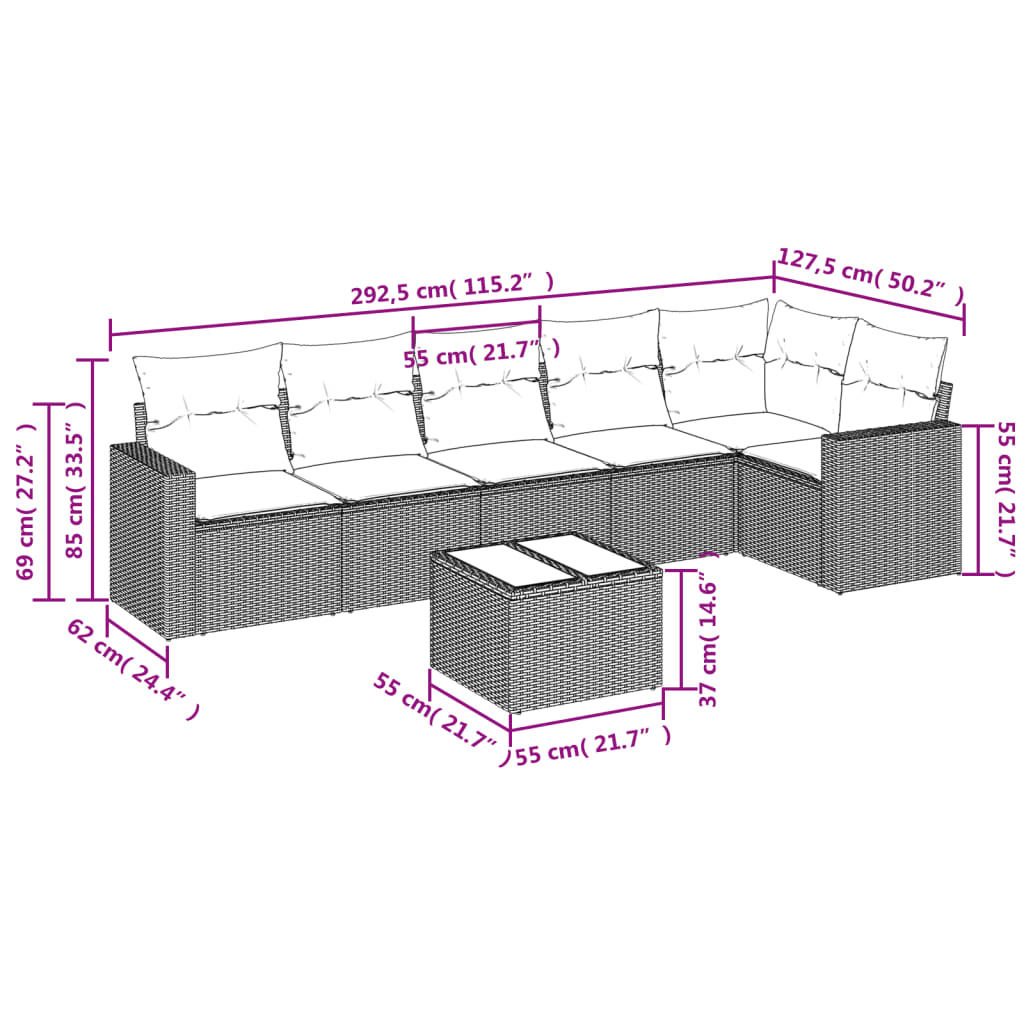 7-delige Loungeset met kussens poly rattan bruin