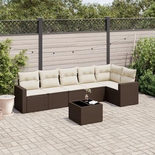 7-delige Loungeset met kussens poly rattan bruin