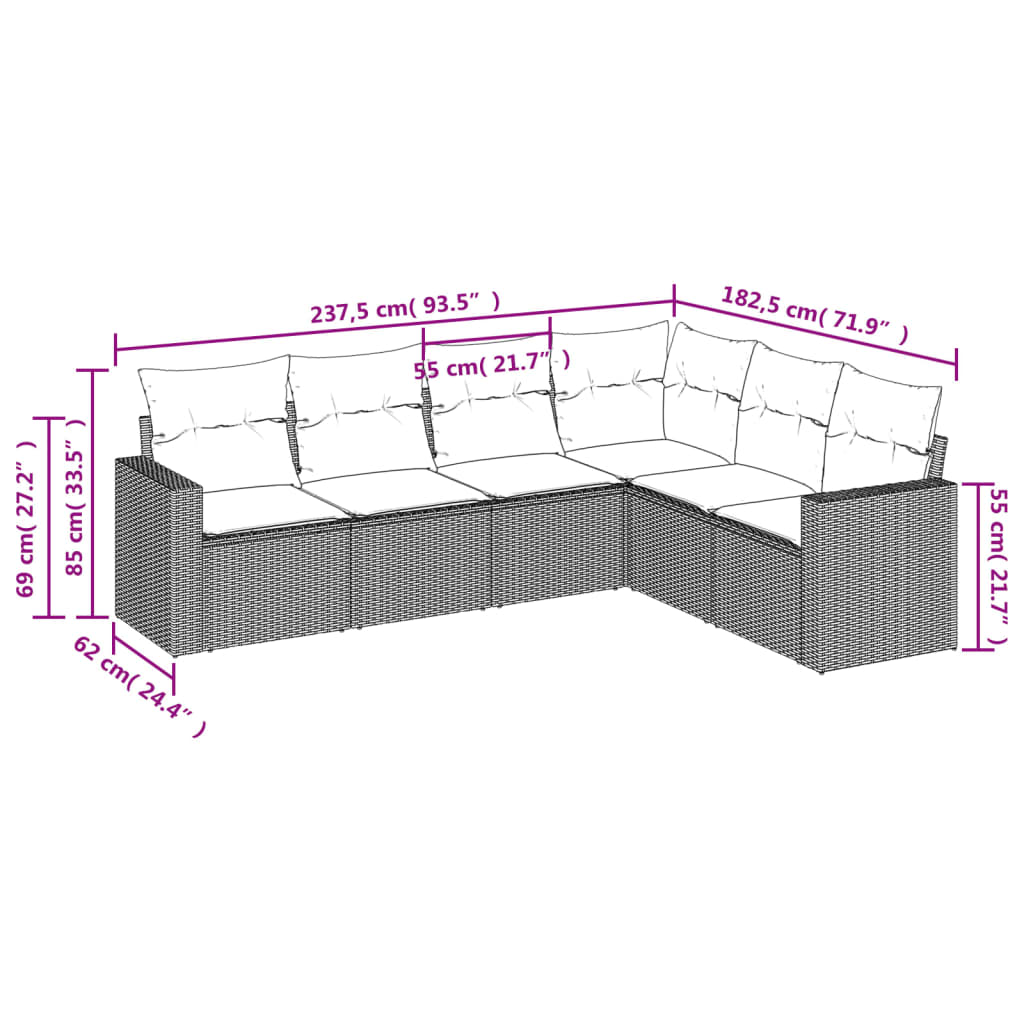 6-delige Loungeset met kussens poly rattan beige