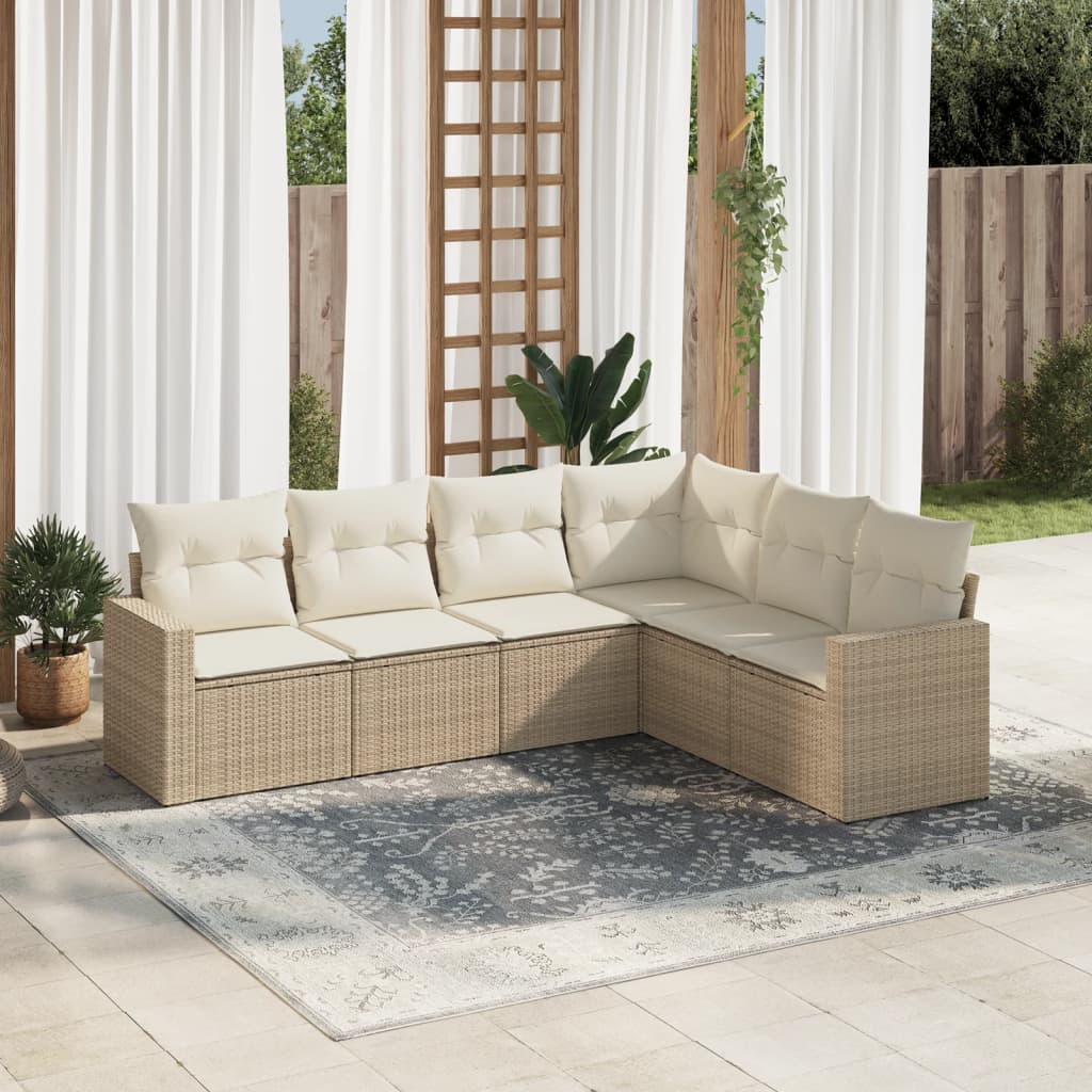 6-delige Loungeset met kussens poly rattan beige