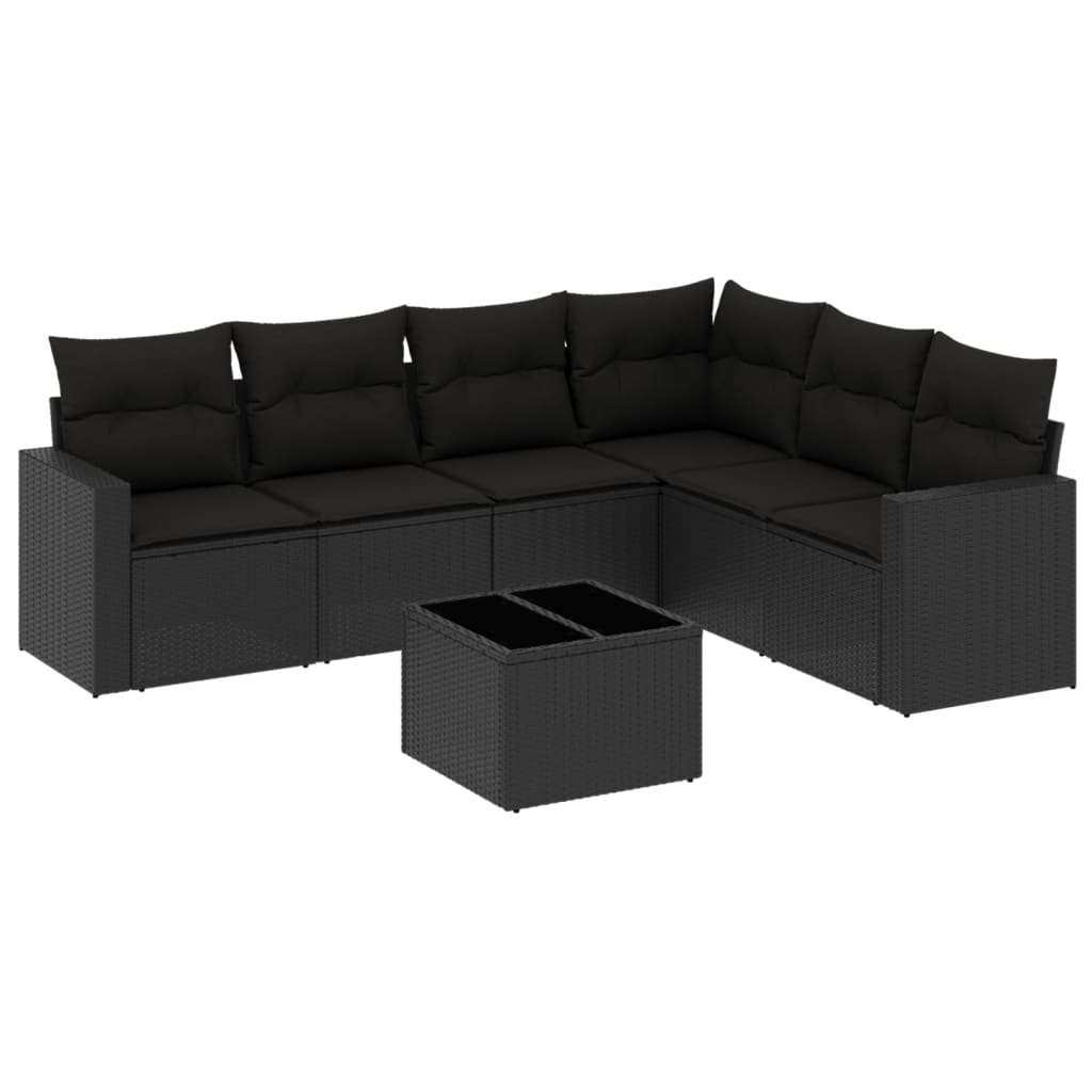 7-delige Loungeset met kussens poly rattan zwart