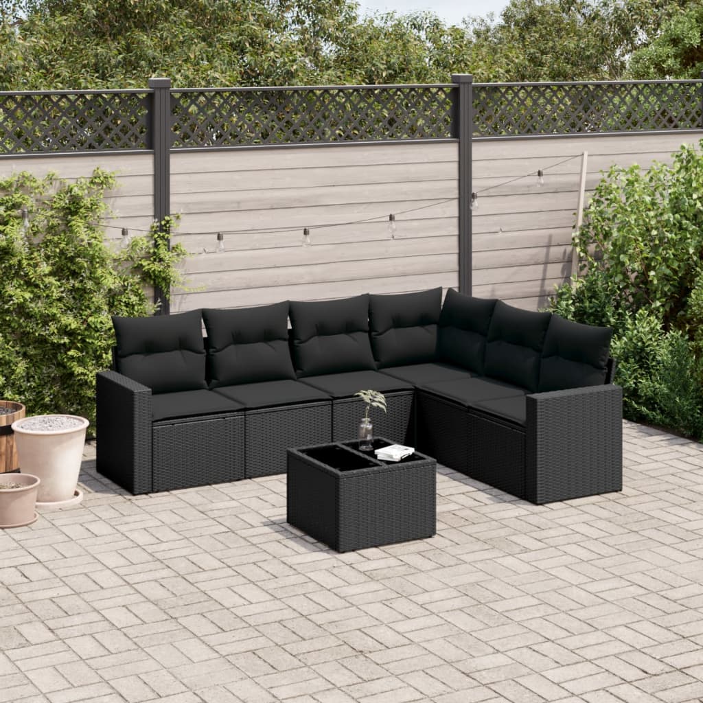 7-delige Loungeset met kussens poly rattan zwart