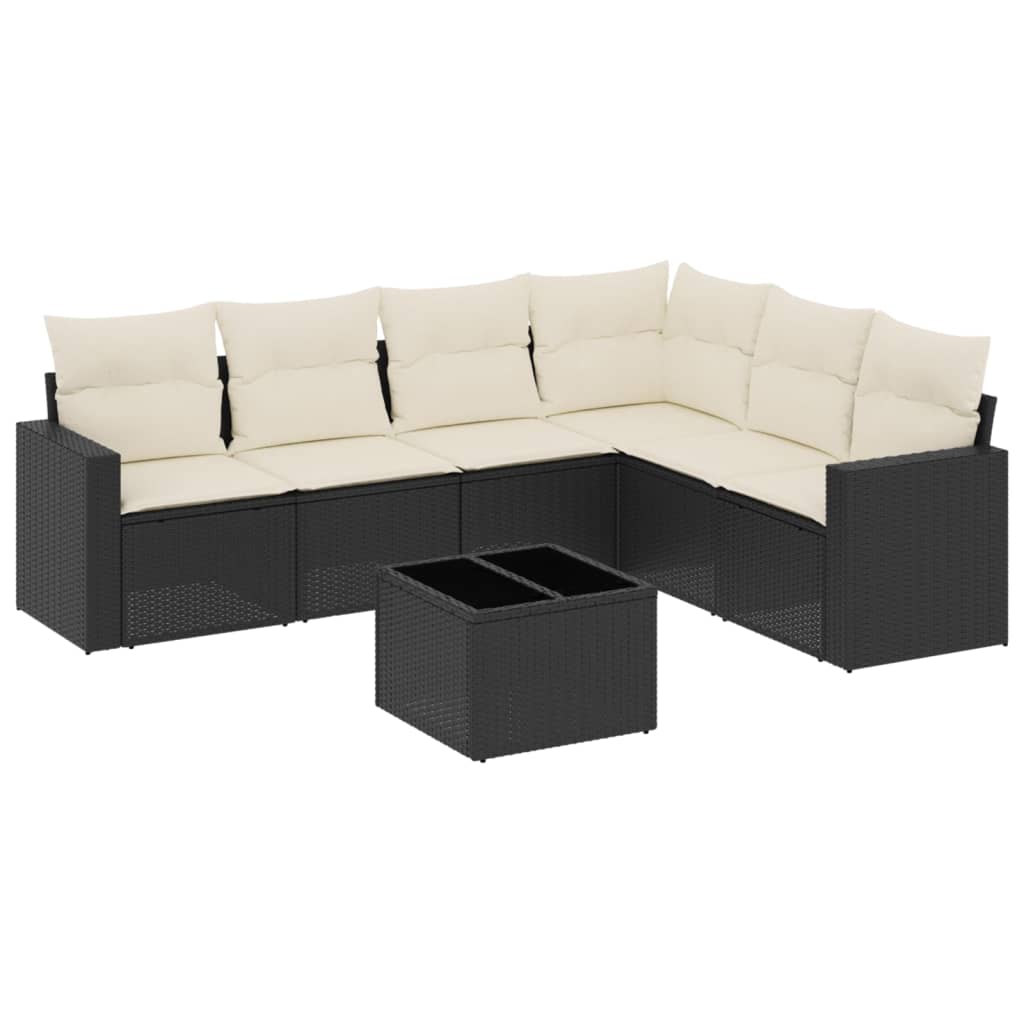 7-delige Loungeset met kussens poly rattan zwart