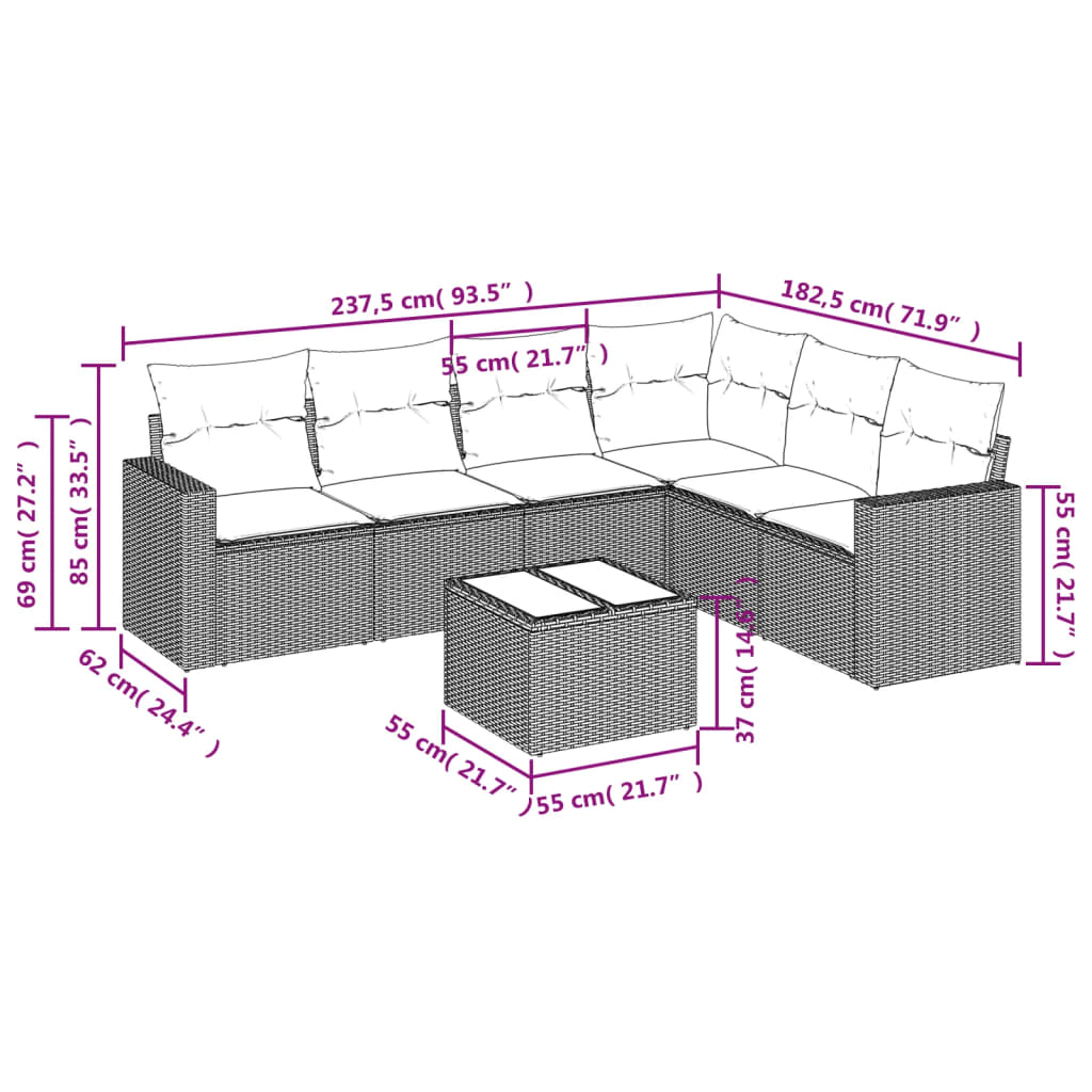 7-delige Loungeset met kussens poly rattan zwart