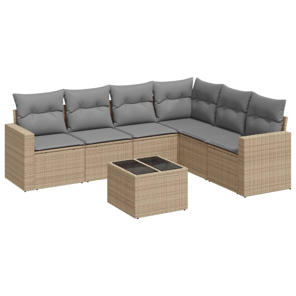 7-delige Loungeset met kussens poly rattan beige