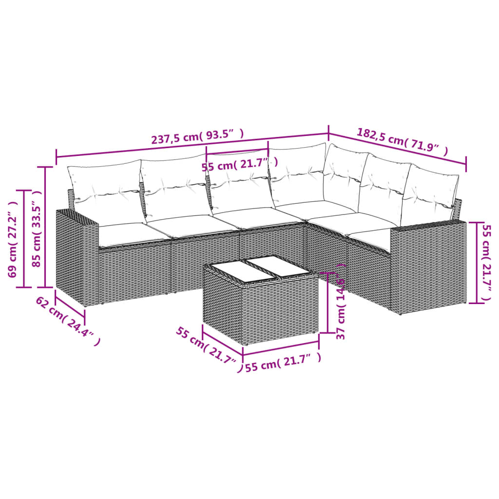 7-delige Loungeset met kussens poly rattan beige